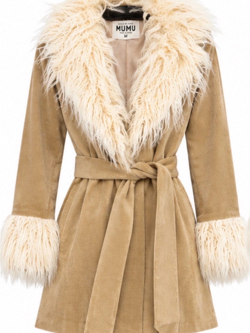 Show Me Your Mumu Tan Corduroy Faux Fur Belted Coat M